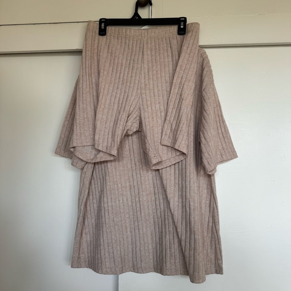 Beige Ribbed Knit Shirt & Shorts Set